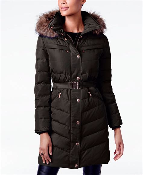 michael kors faux fur trim belted down puffer jacket